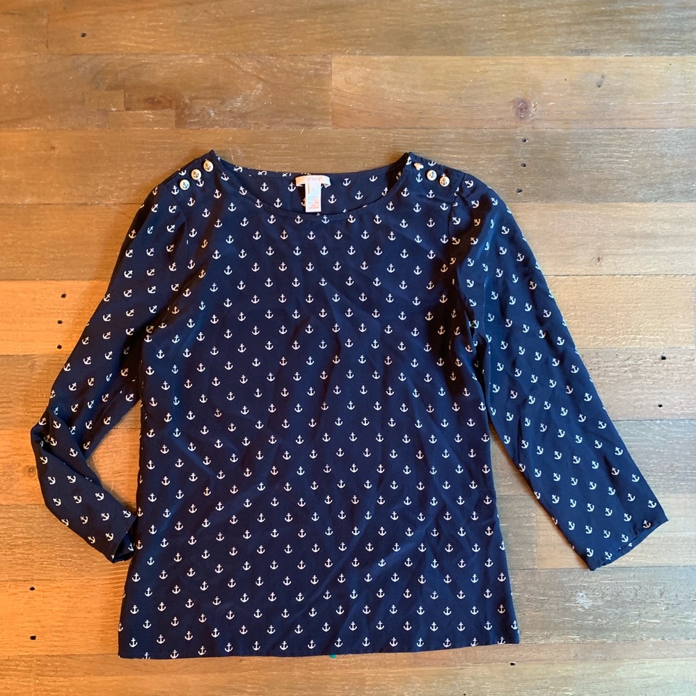 J. Crew 100% Silk anchor blouse. Navy w/ buttons.